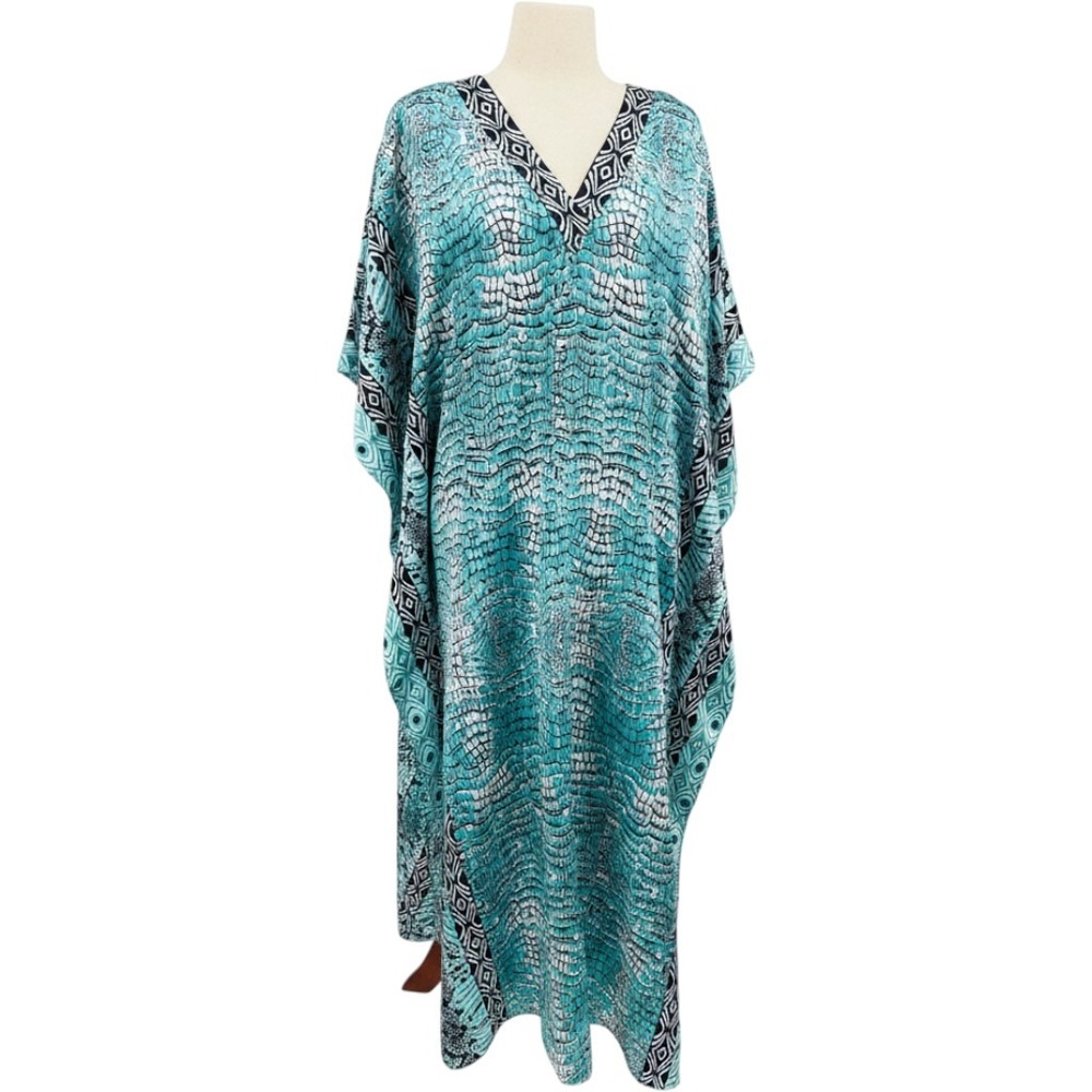 Winlar Caftan Womens OSFA Turquoise Black White Animal Print V-Neck Loungewear